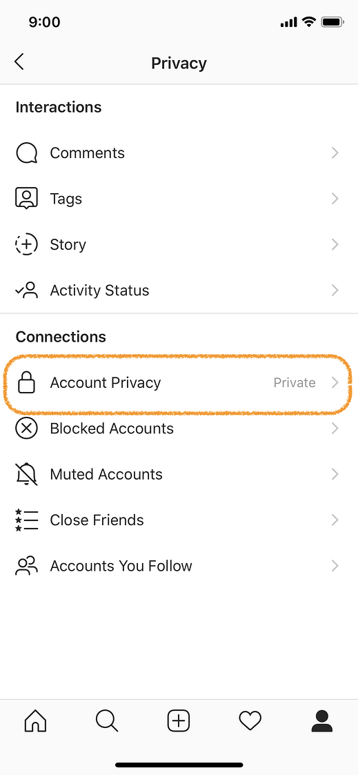 با استفاده از تنظیمات خود، روی Privacy و سپس Account Privacy کلیک نمایید و مطمئن شوید که این قسمت خاموش است.